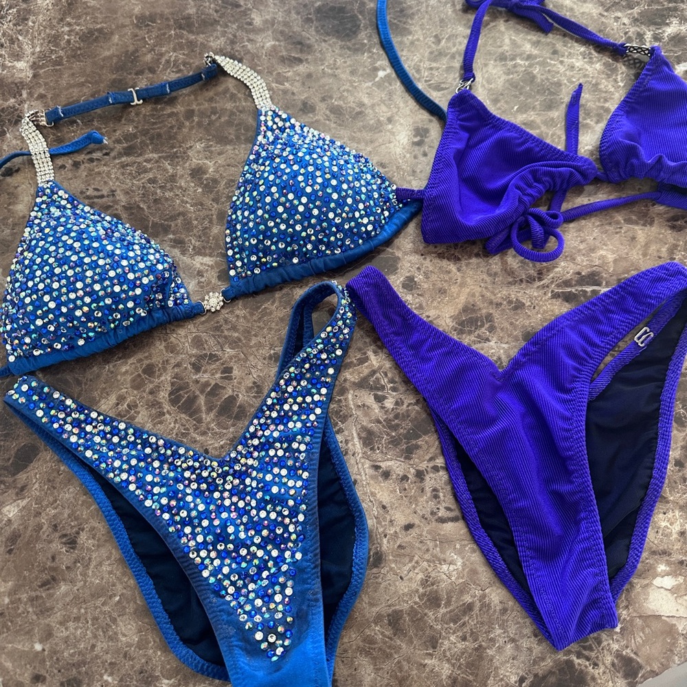 Blue body building bling suit and purple practice suit
